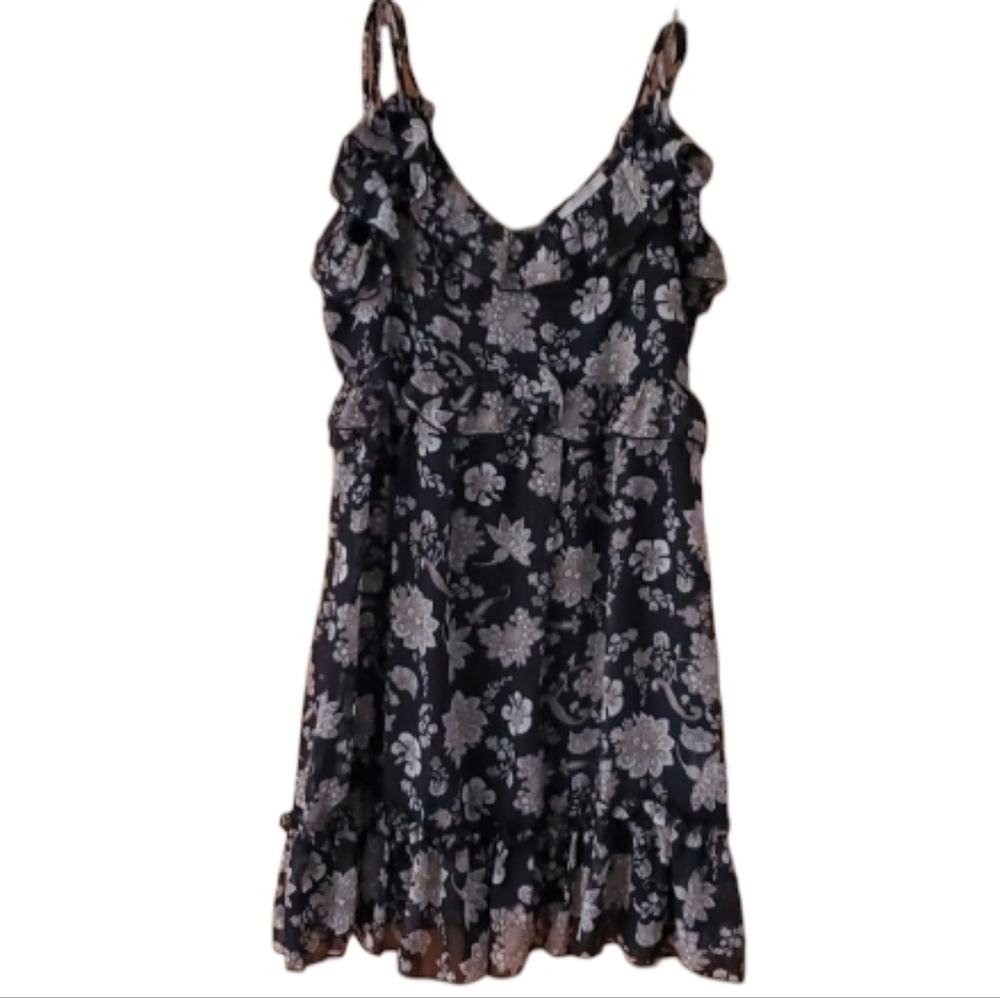 Chelsea28 Navy Floral Sleeveless Ruffle‎ Dress with Metallic Silver Size Large
